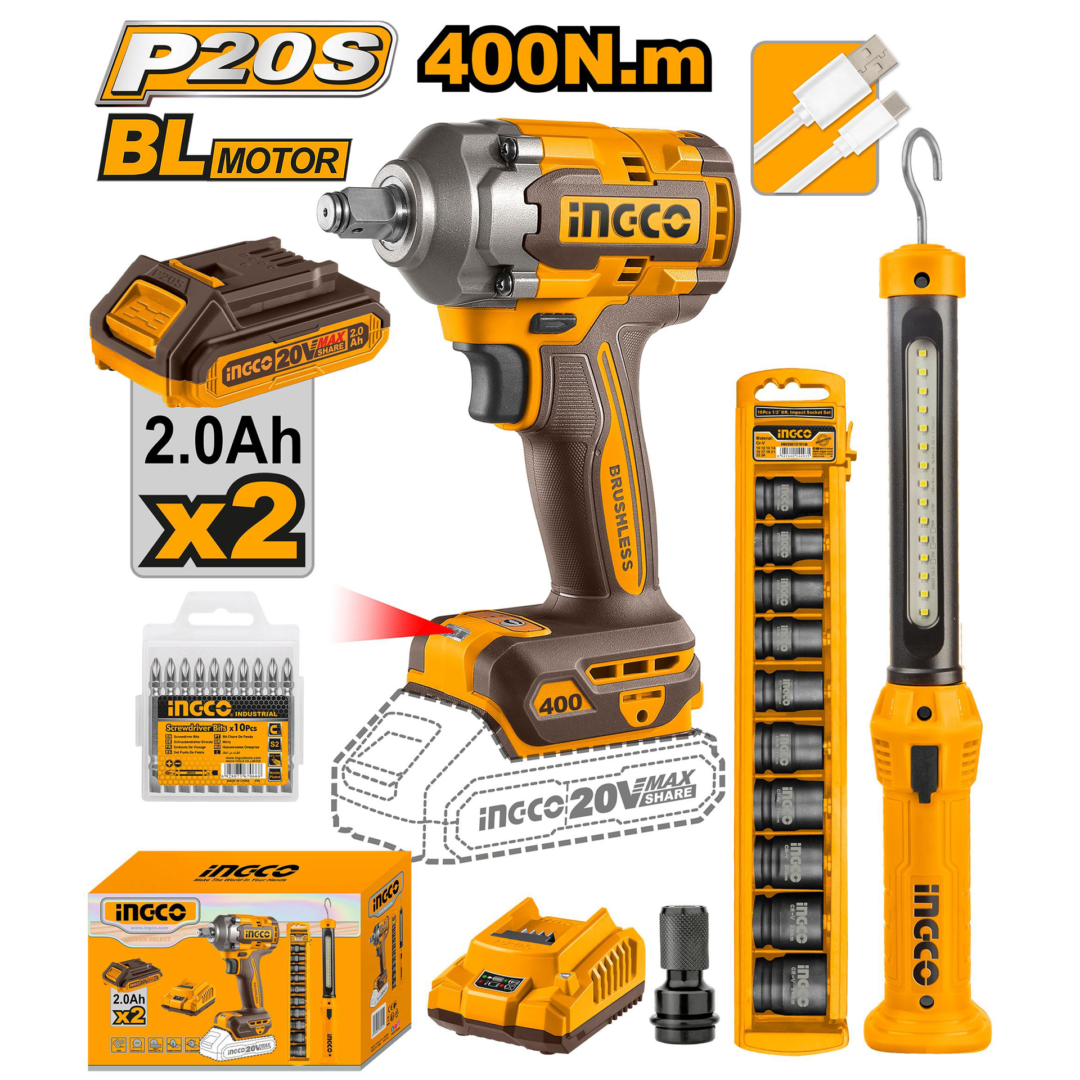 Ingco Cordless Impact Wrench 400Nm & Work Lamp Combo kit Cosli23048