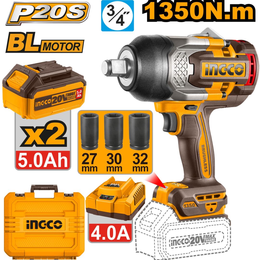 Ingco Cordless Impact Wrench 1350Nm 20V Kit Ciwli20135