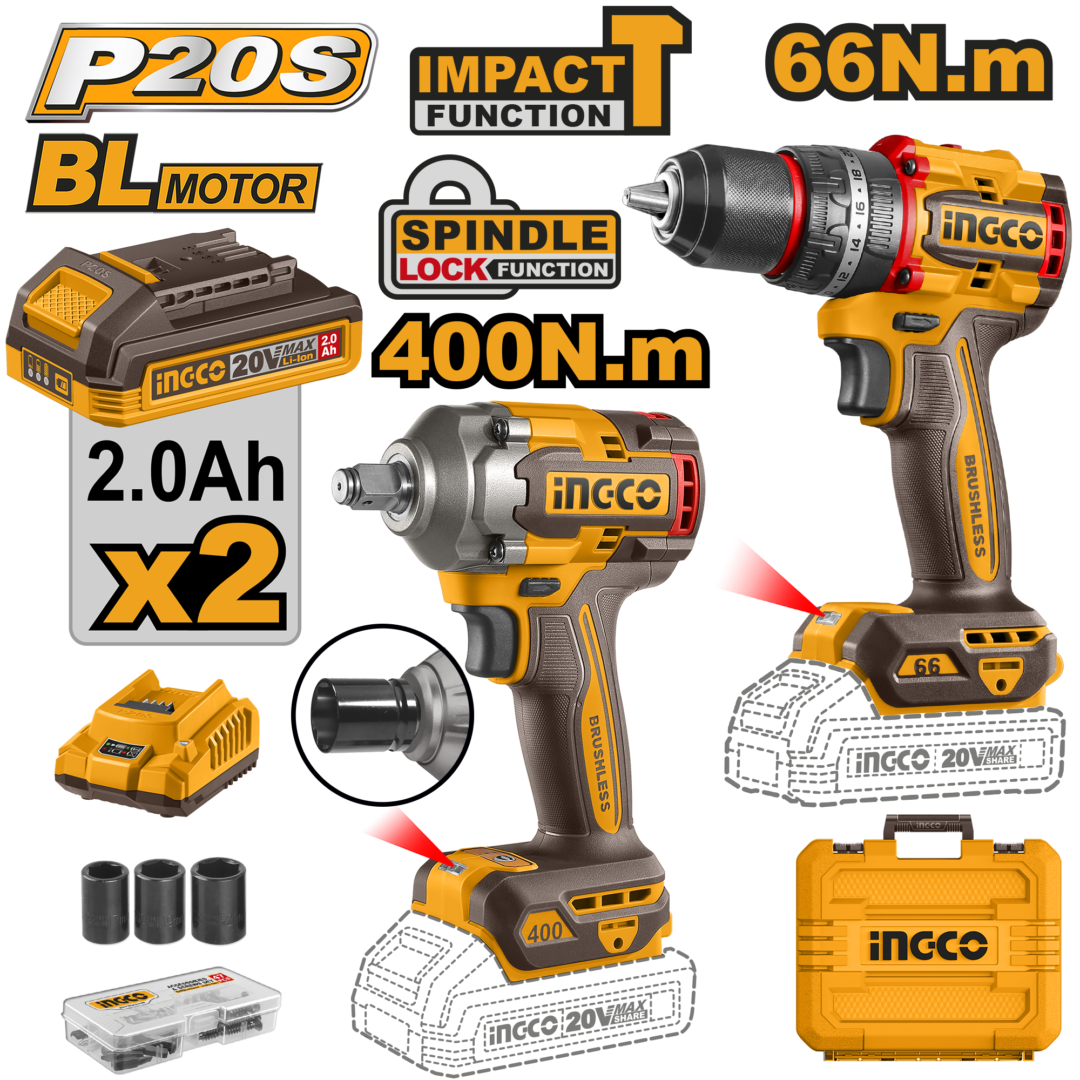 20V Cordless 66NM Impact & 400Nm Wrench Combo - Image 2