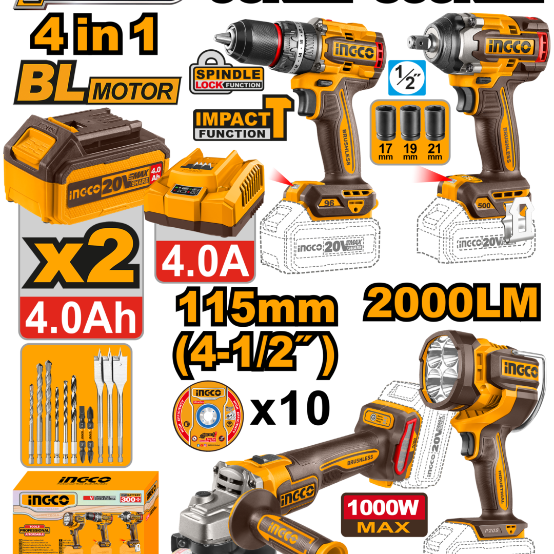 Ingco Cordless 20V 4 in 1 Combo Kit Cosli241292