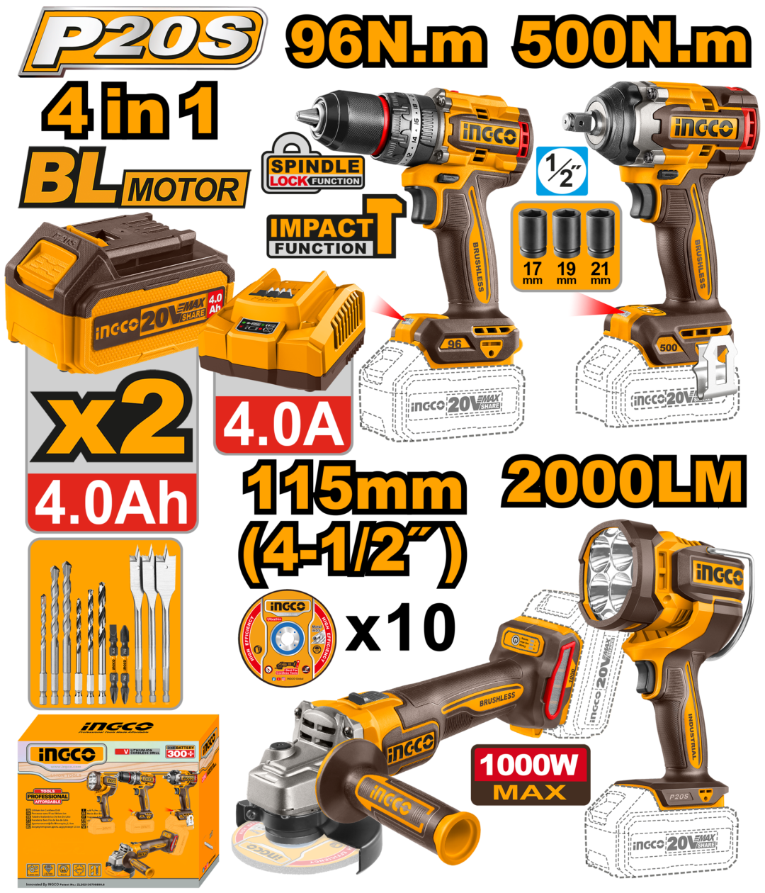 Ingco Cordless 20V 4 in 1 Combo Kit Cosli241292