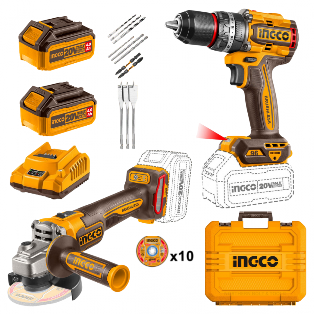 Ingco Cordless 20V Lithium-Ion Angle Grinder and 96Nm Drill Kit Cosli241298