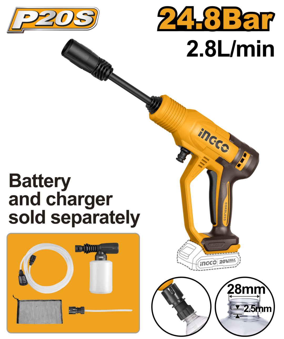Cordless Pressure Washer 24.8 Bar Cpwli2036