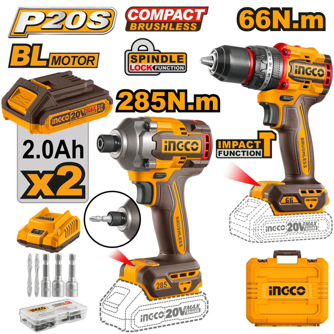 Cordless 285nm Impact Driver & Impact Drill (66Nm) 20V Combo Kit Ckli20277