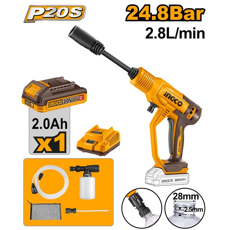INGCO 20V LI-ION PRESSURE WASHER 24.8 BAR 1X2.0AH+CHRG