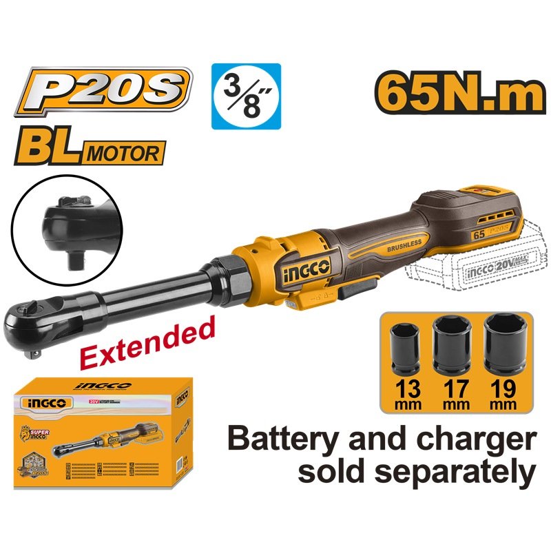 INGCO 20V LI-ION 3/8" DR. LONG ARM RATCHET 65N.m