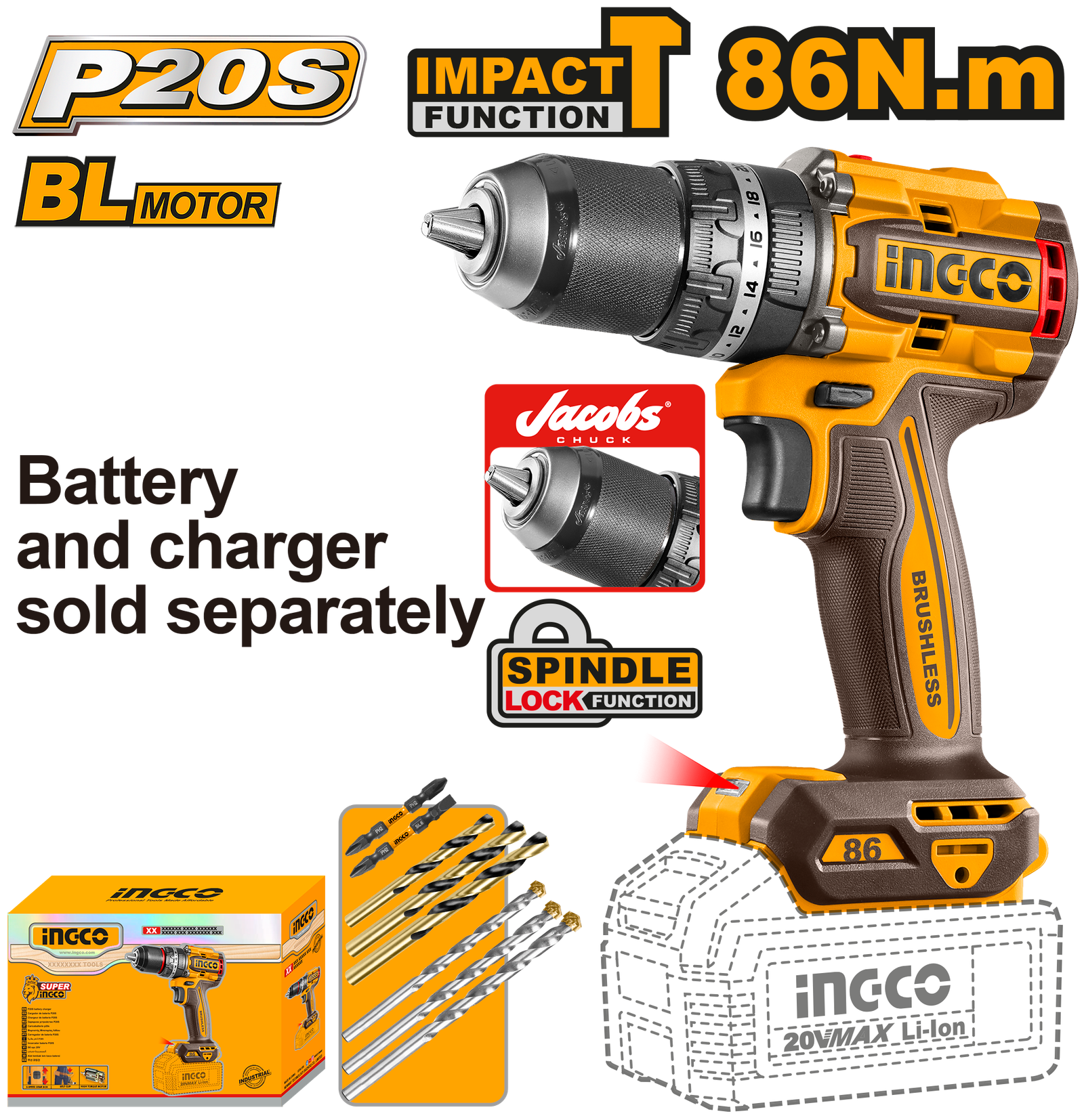 Cordless Impact Drill 86Nm 20V Jacobs Chuck Cidli208683
