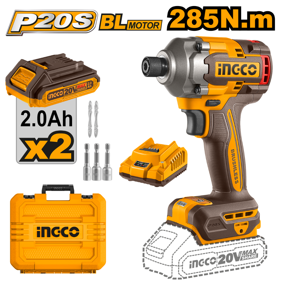 Ingco Cordless Impact Driver 285Nm 20V (Brushless) Kit