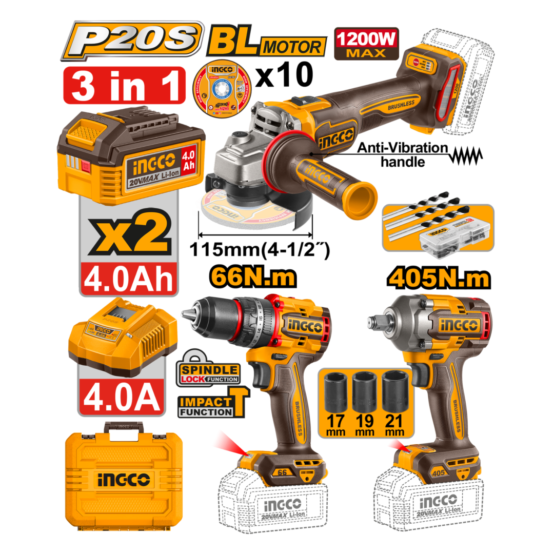 DRILL,GRINDER AND IMPACT WRENCH KIT 20V INGCO