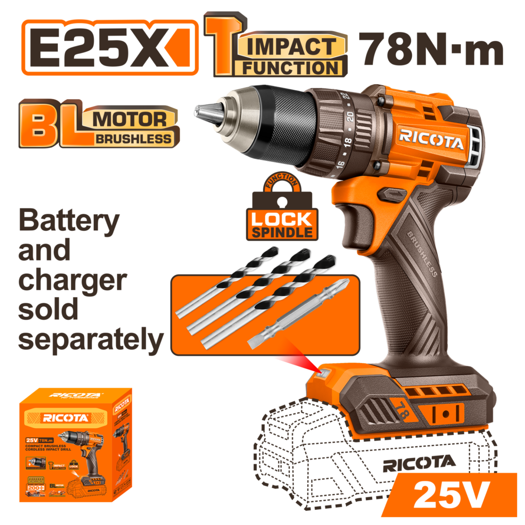 RICOTA 25V CORDLESS IMPACT DRILL 78N.m NO B/C