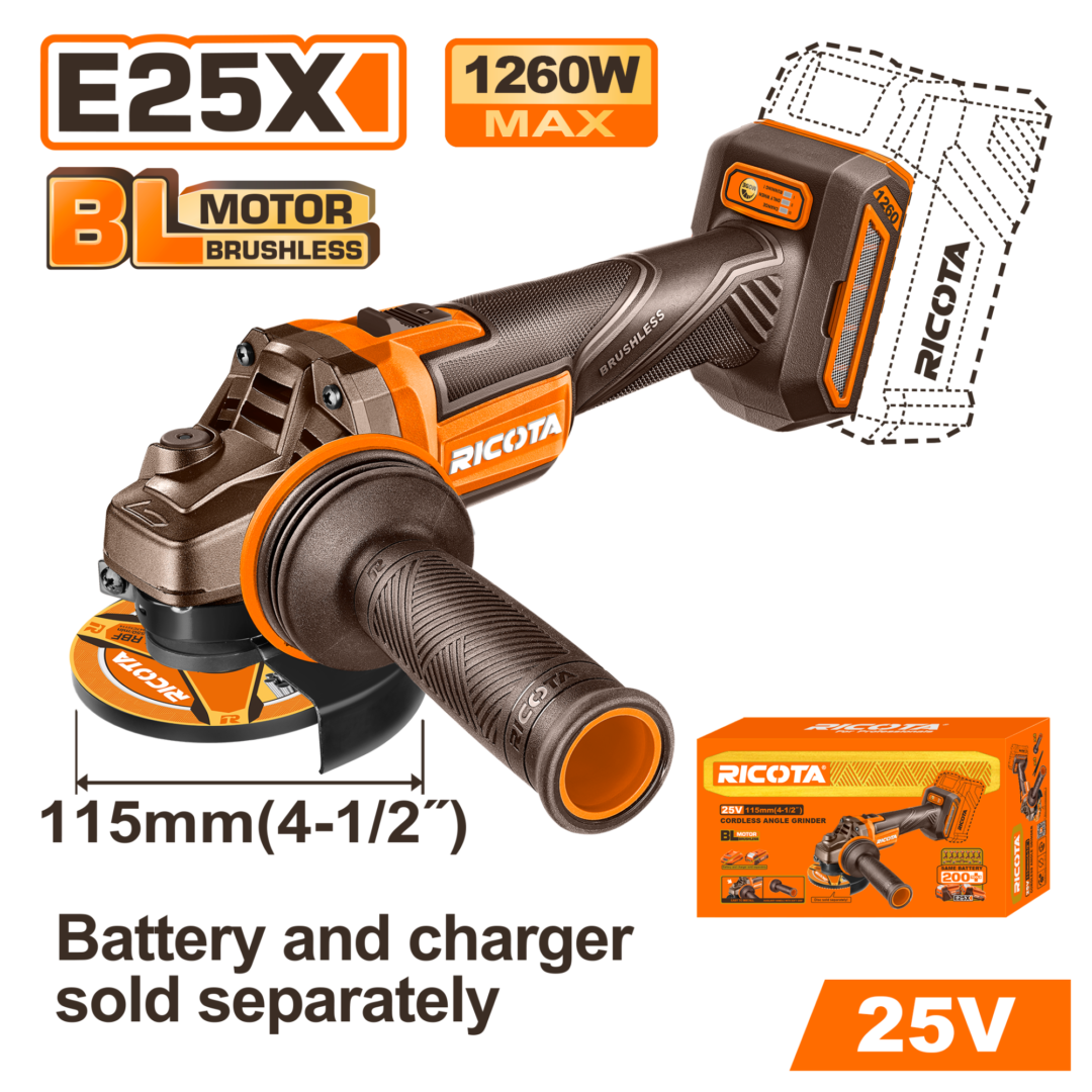 RICOTA 25V CORDLESS 115mm ANGLE GRINDER 115mm NO B/C (1260W)