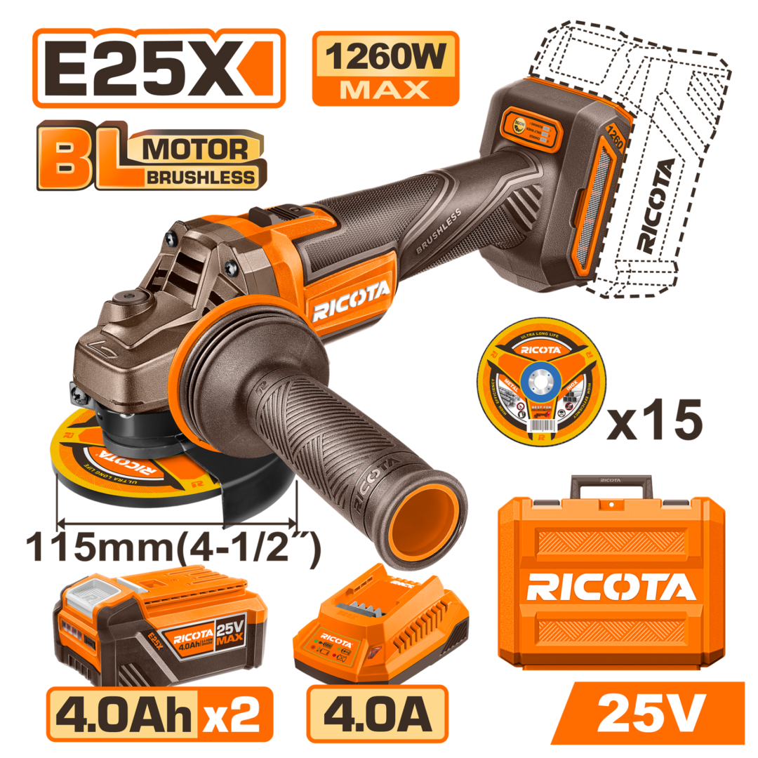 RICOTA 25V CORDLESS 115mm ANGLE GRINDER KIT (1260W)