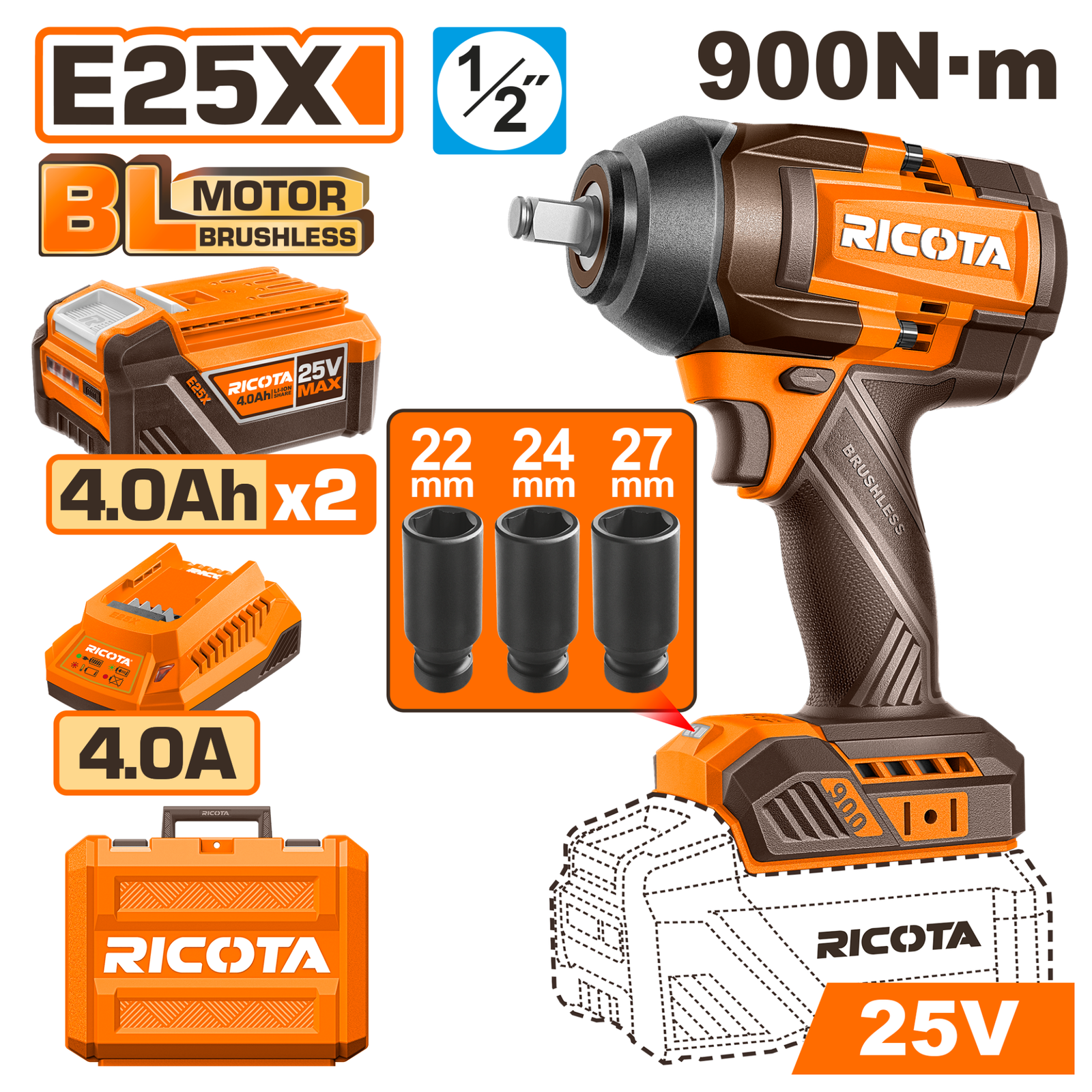 RICOTA 25V 900N.m IMPACT WRENCH KIT