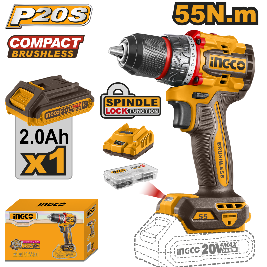 Cordless 20V Lithium-ion Drill 55NM Brushless Kit CDLI205582