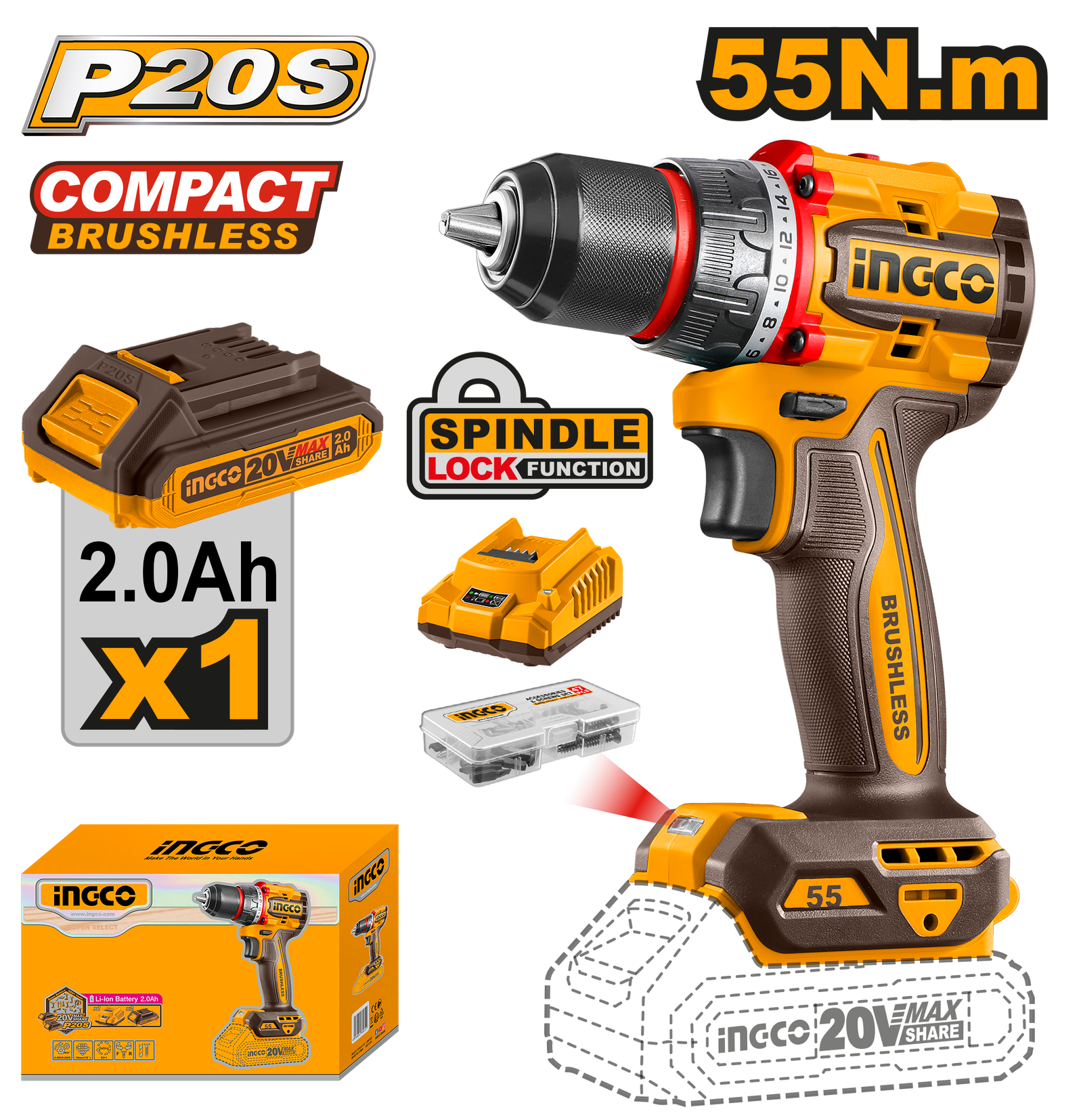 Cordless 20V Lithium-ion Drill 55NM Brushless Kit CDLI205582