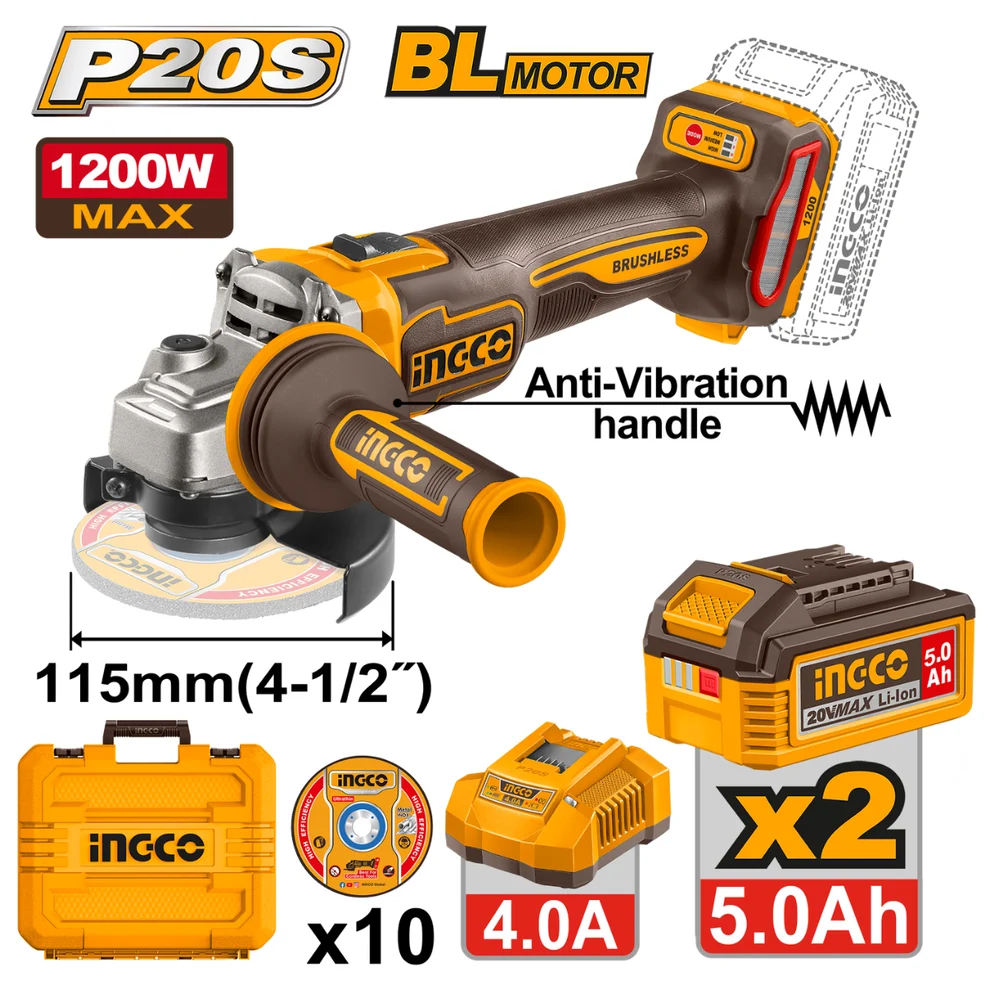 Ingco Cordless Angle Grinder 1200W 20V Kit with Anti-Vibration Handle - Image 2